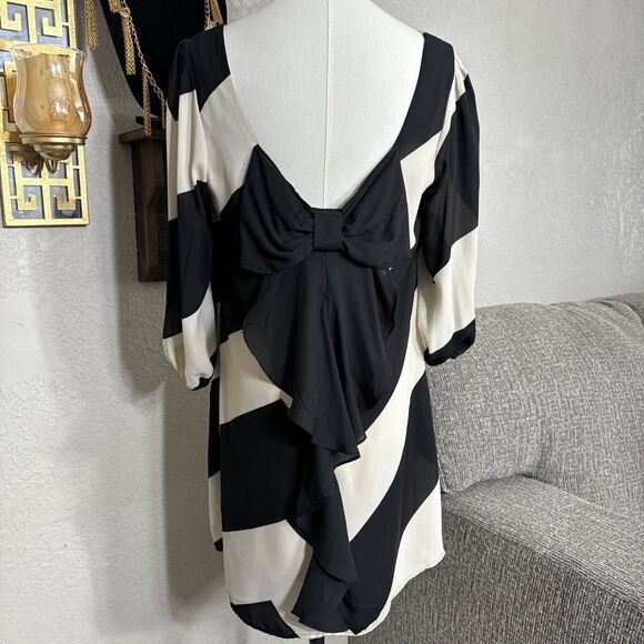 Cocktail Chevron Dress Women’s Size L Black Cream 3/4 Sleeve Bow Back Formal - Picture 4 of 14